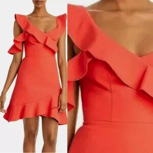 NWT BCBG MAXAZRIA RUFFLED COLD SHOULDER ASYMMETRICAL MINI DRESS Coral size 2